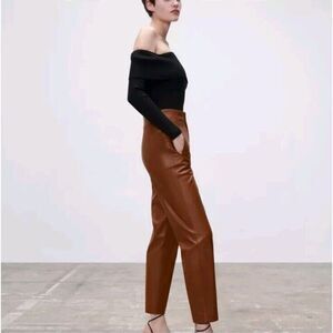 Zara Women’s Vegan Leather Brown High-Waisted Pleated Trousers Size M